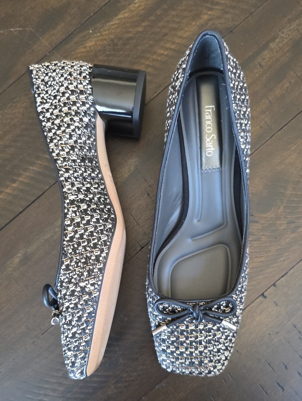 NEW Franco Sarto Natalia Square Toe Block Heel Pumps Black Cream Gold Sz 8.5